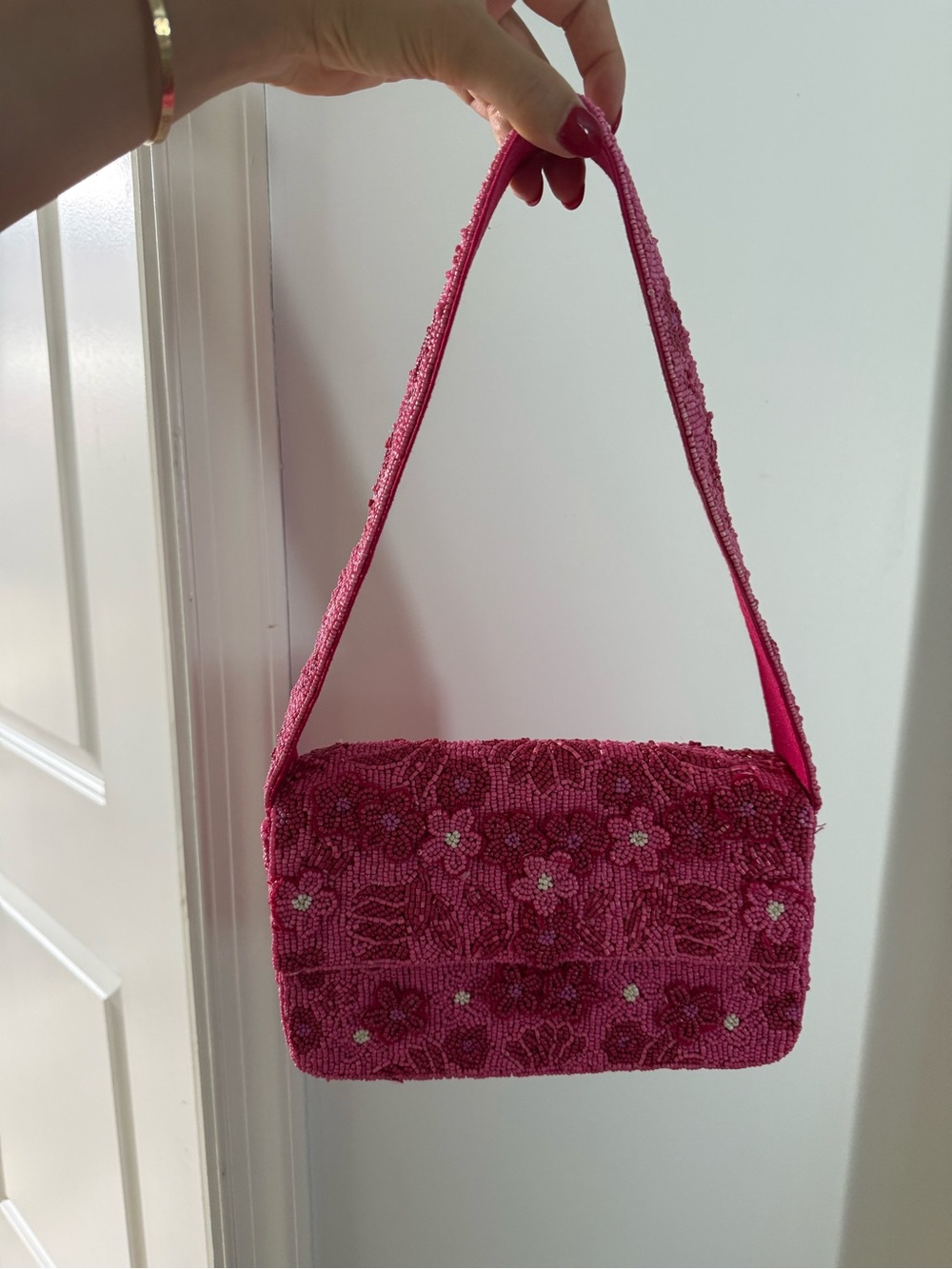 Pink Beaded Floral Shoulder Bag